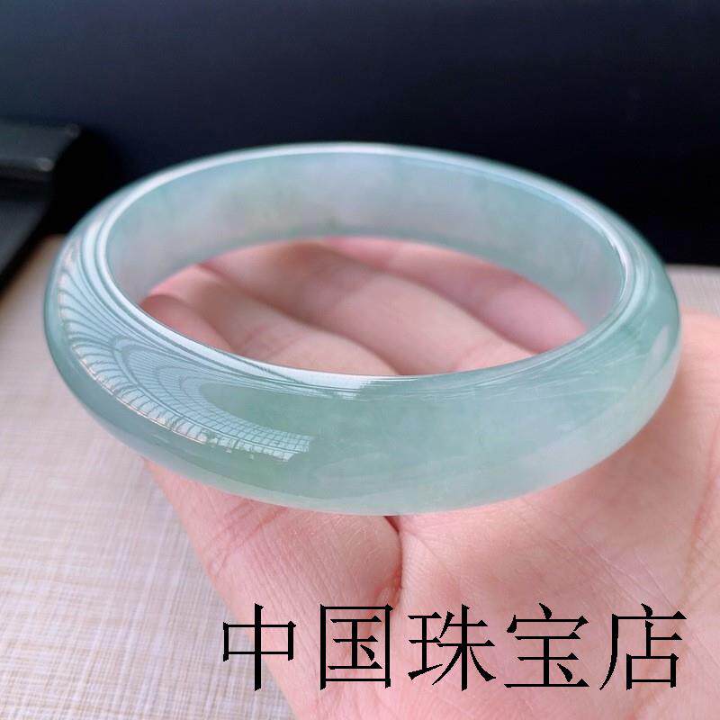 冰种晴水翡翠手镯飘花冰透蓝水浅色阳绿蓝花缅甸玉石处理贵妃镯子
