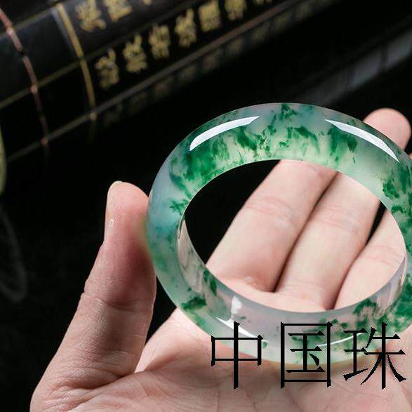 精品缅甸老坑翡翠色冰透碎飘花阳绿色窄版正圈玉手镯女可送妈妈款