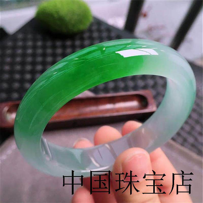 缅甸翡翠色手镯冰种飘花玉手镯女半山半水手镯阳绿玉镯子贵妃镯子