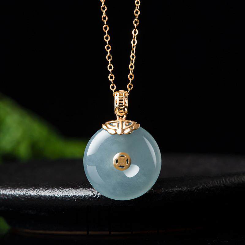 高档高端货翡翠色蓝水平安扣吊坠冰种玉石镶嵌挂件女士项链时尚