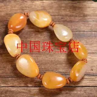 新疆和田白玉籽料手链精品黄沁皮原石单圈手串男女款玉石手链饰品