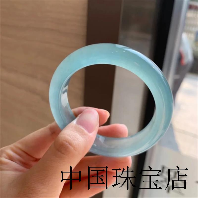 蓝水冰种海蓝宝玉镯晴水底天青冻镯子天空蓝岫天空精选独龙玉手镯