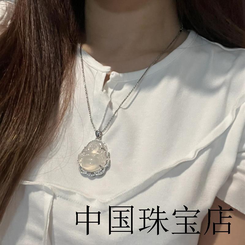 冰种白冰玉髓佛公吊坠银饰项链女款弥勒佛笑佛颈链大肚坐佛毛衣链