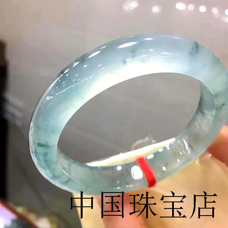 缅甸冰种飘花翡翠手镯圆条正圈老坑晴水绿花玻璃种处理玉镯子证书