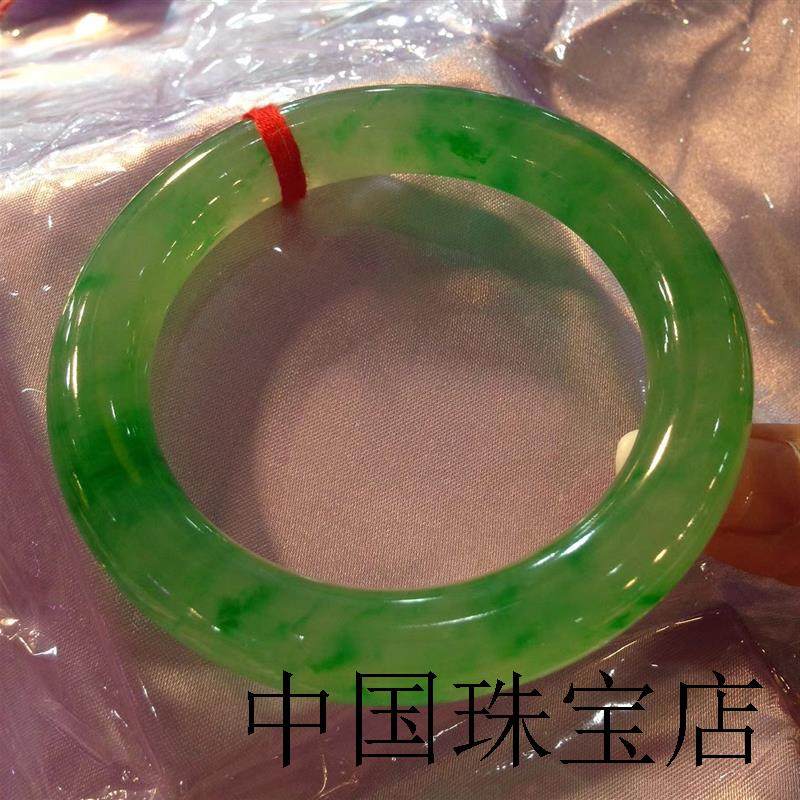 缅甸老坑圆条冰糯种阳绿翡翠色手镯帝王绿女款精品玉石冰种飘花镯
