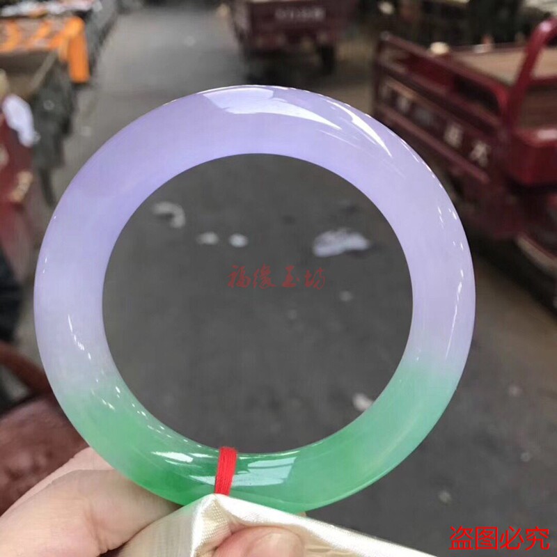 缅甸老坑冰种翡翠色手镯阳绿飘花浅紫色正圈圆条玉镯子时尚百搭款