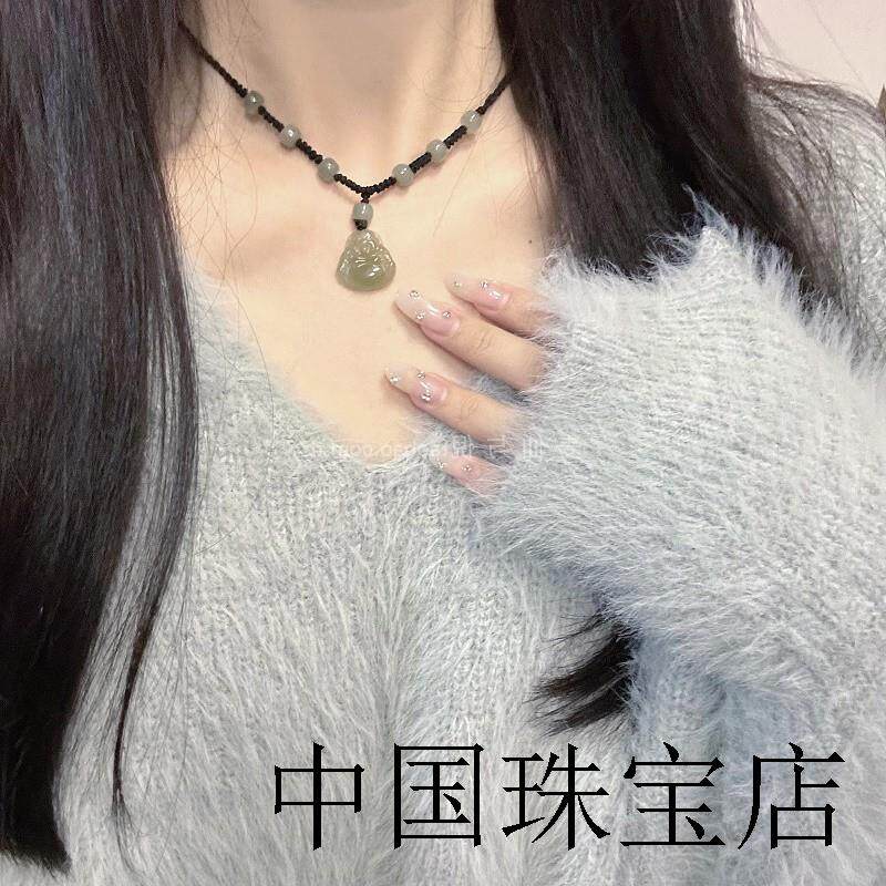 新疆和田玉项链大肚佛弥勒佛平安编织黑绳不掉色女锁骨链吊坠礼物
