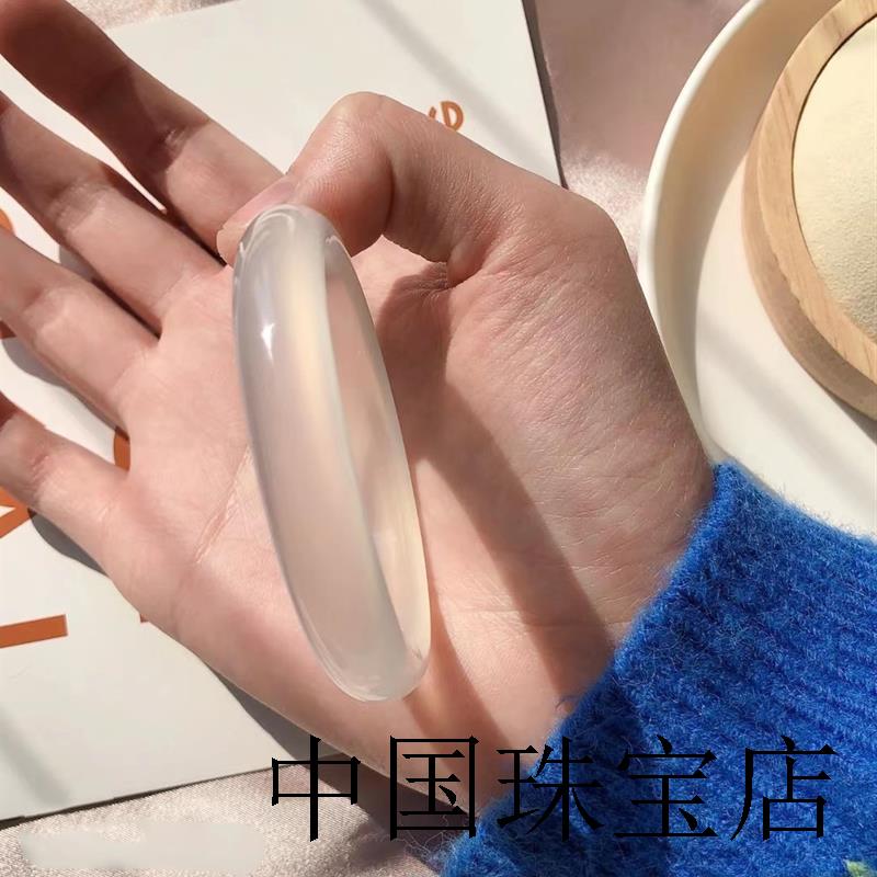 冰种飘花扁圆条白玉髓手镯月光玛瑙玉手镯女款翡翠荔枝冻冰透气质