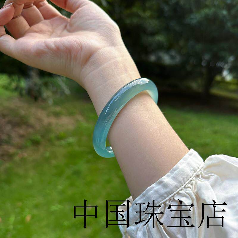 新中式天然高冰透库里蓝玛瑙手镯显白胖圆条玉镯子女款手饰品证书