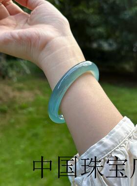新中式天然高冰透库里蓝玛瑙手镯显白胖圆条玉镯子女款手饰品证书