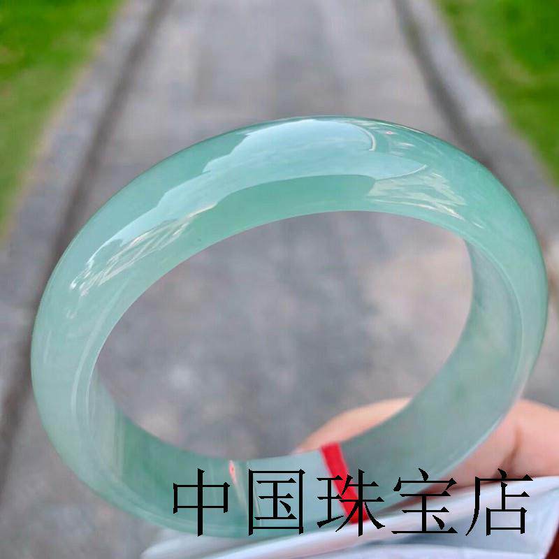 老坑缅甸玉冰糯种飘花翡翠色手镯高冰蓝底浅绿手镯正圈贵妃少女款
