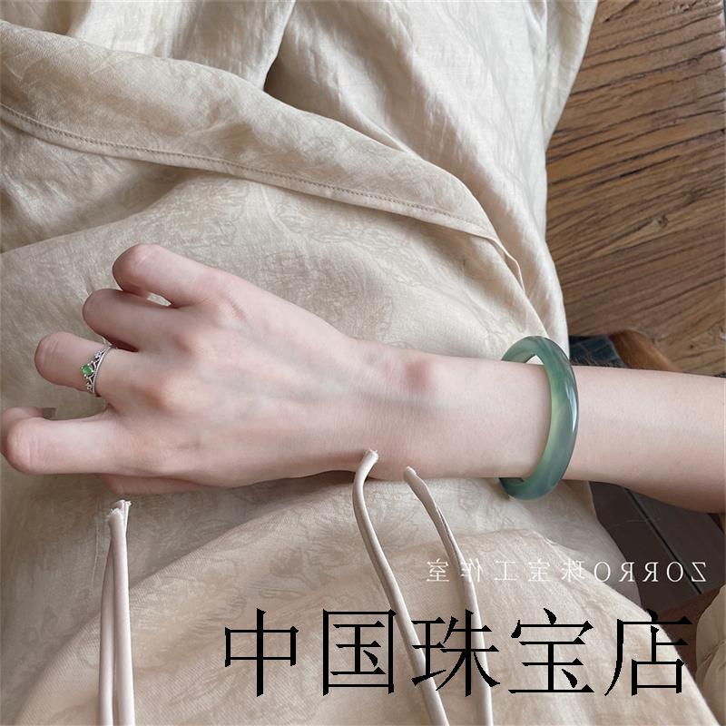 纯天然冰种翡翠色手镯女款远山黛玉髓镯子油青绿玛瑙古风国风珠宝