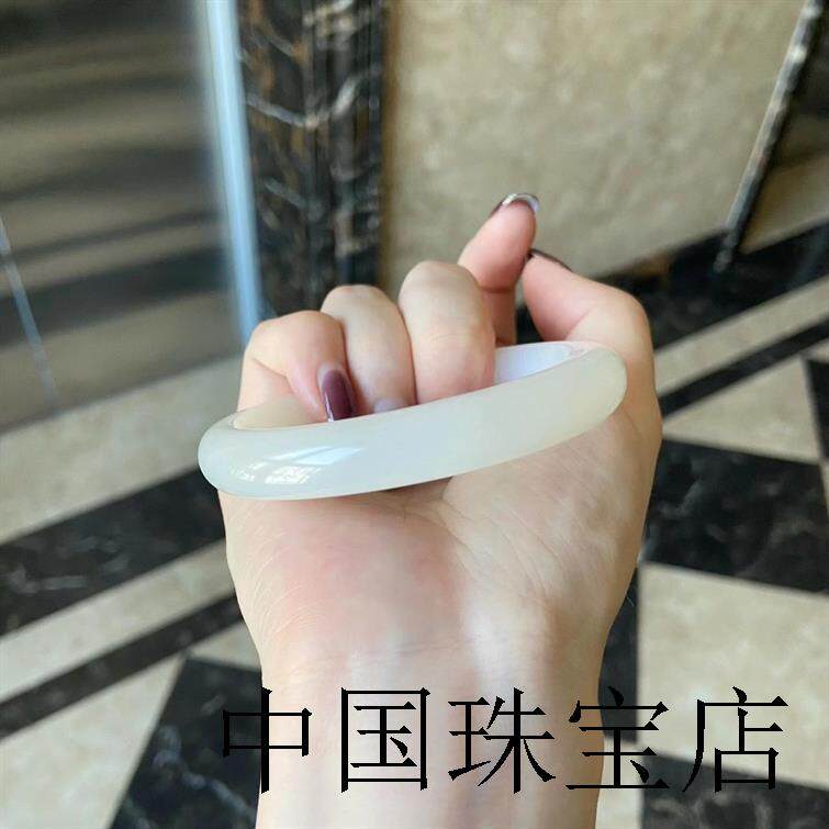 新疆和田玉青海俄料胖圆条手镯羊脂白玉金丝美人条玉镯子时尚女款