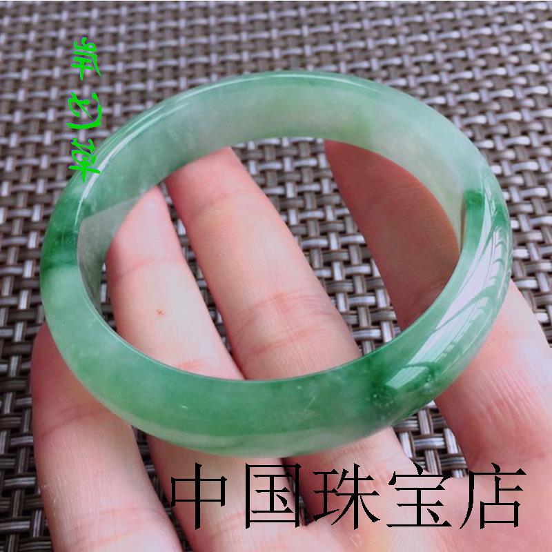 糯种飘花缅甸翡翠色玉手镯冰飘阳绿白底青正圈圆条公主玉镯子百搭