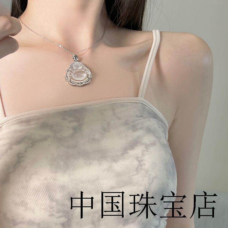 冰种玉髓佛公吊坠项链女弥勒佛笑佛颈链大肚坐佛毛衣链配饰精品