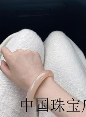 青海料藕粉色玉镯胖圆条手镯新疆