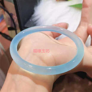 精选通透海蓝宝色玛瑙少女手镯玉髓圆条年轻款冰种美人条玉镯送礼