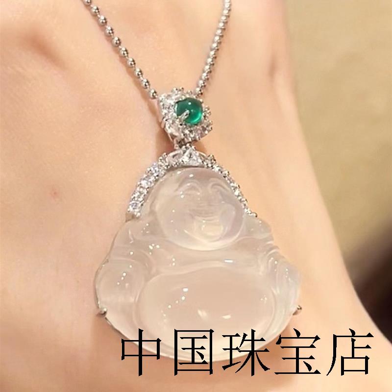 冰种玉髓玛瑙佛公毛衣链小众百搭女款媲美翡翠色绿珠大肚佛公吊坠
