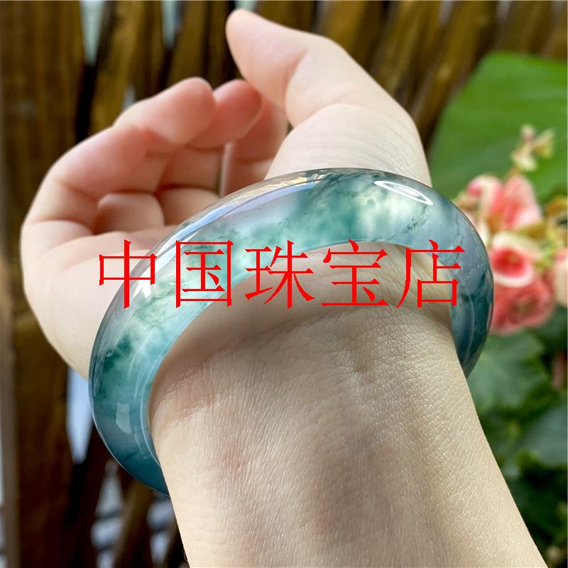 冰种飘花翡翠色手镯子缅甸老坑扁