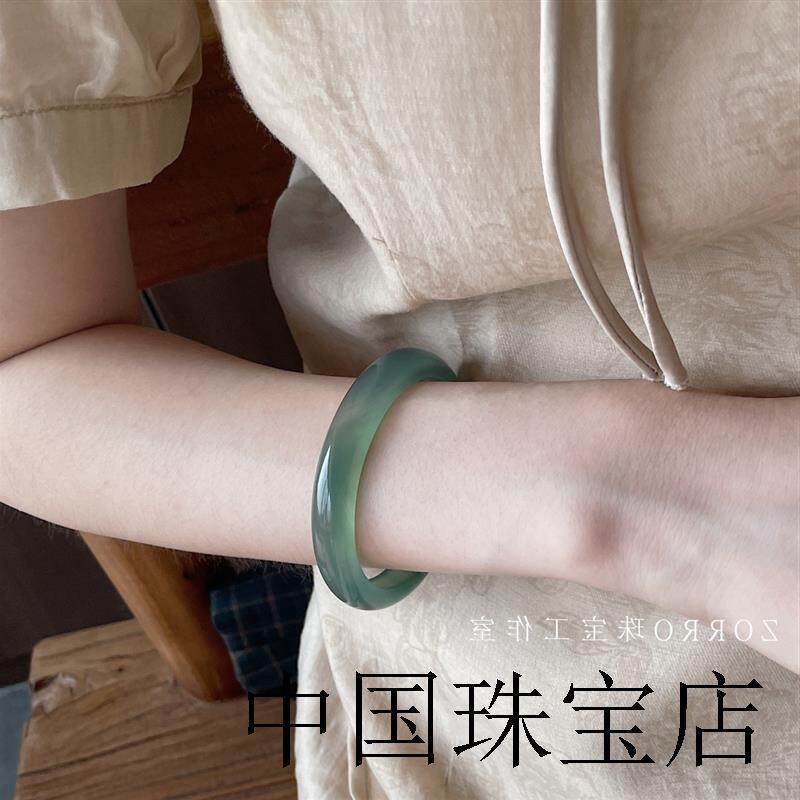 纯天然冰种玛瑙油青手镯女薄荷绿玉镯玉髓翡翠珠宝古风国风新中式