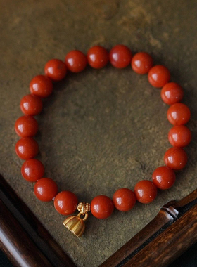 精选南红玛瑙满色满肉川料柿子红单圈圆珠手串原创手链女款本命年