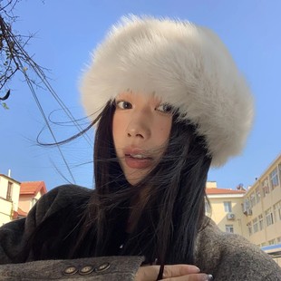 雪国情书~白色高级感仿貂毛皮草渔夫帽子显脸小加厚保暖护耳盆帽