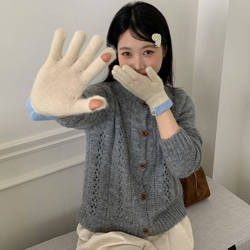 拼色针织毛线手套女秋冬保暖防寒
