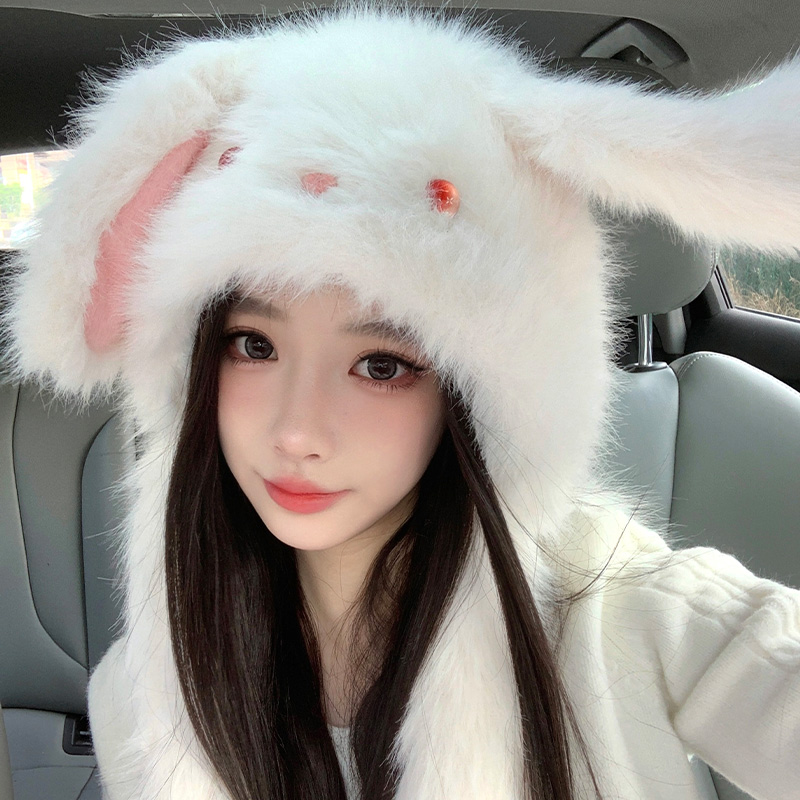 耳朵会动的兔耳朵帽子围巾一体女