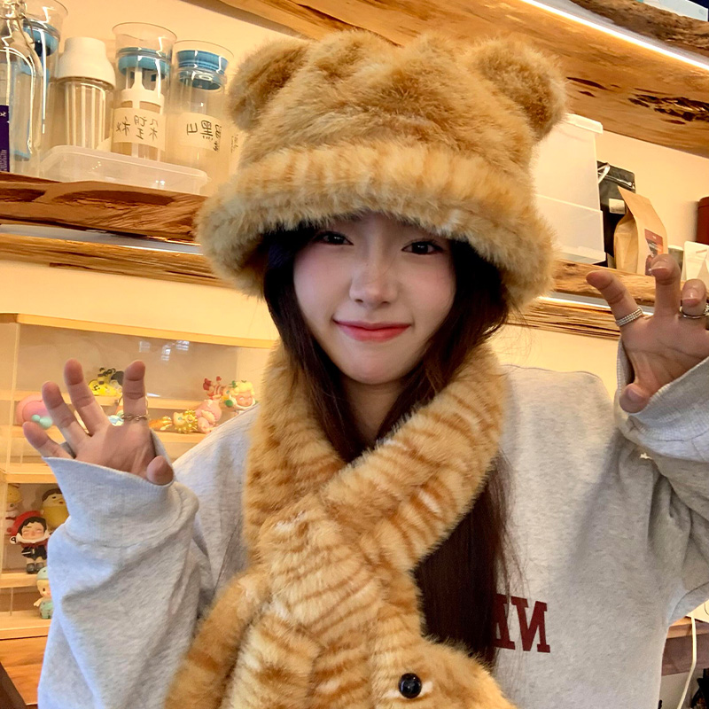 可爱虎纹毛绒渔夫帽女秋冬保暖防寒帽子围巾一体卡通护颈交叉围巾