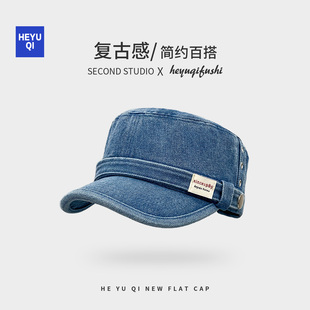 韩系复古牛仔马术帽女春夏宽帽檐显脸小平顶鸭舌帽大头围贝雷帽子