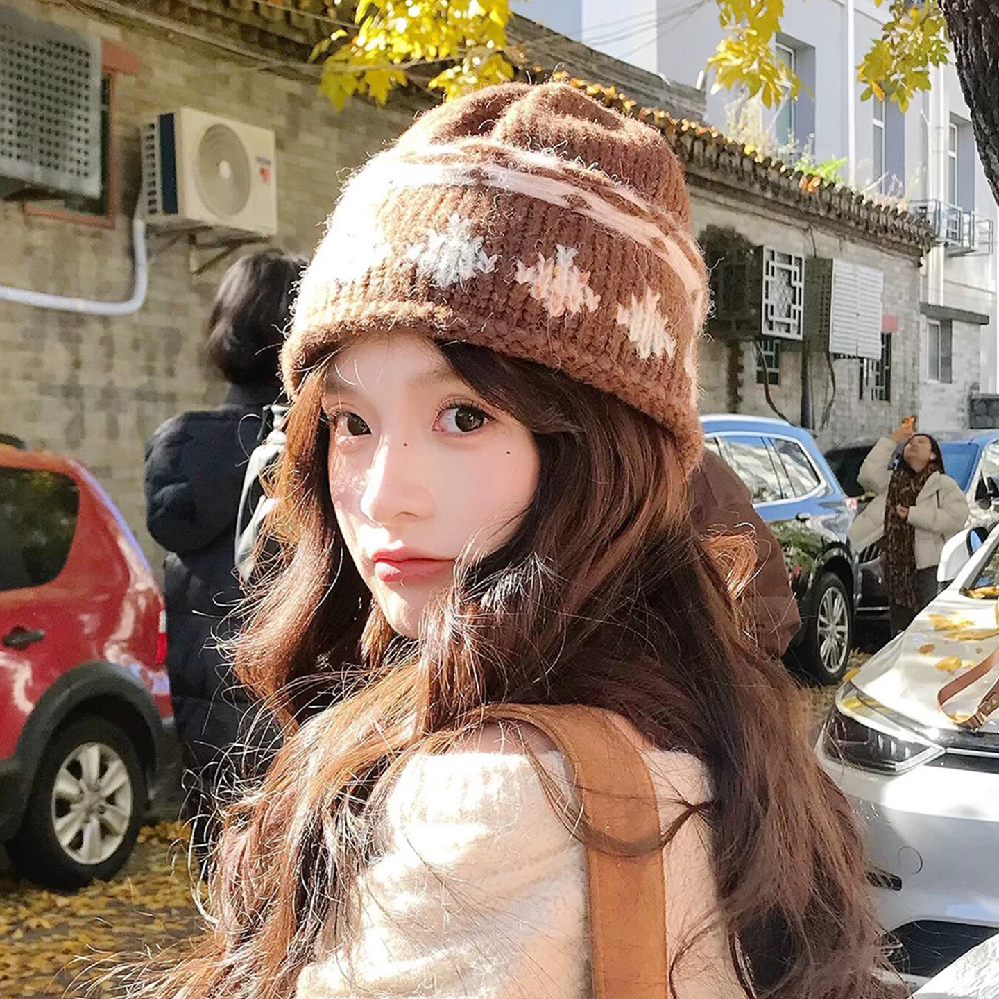 费尔岛风提花卷边针织帽女保暖