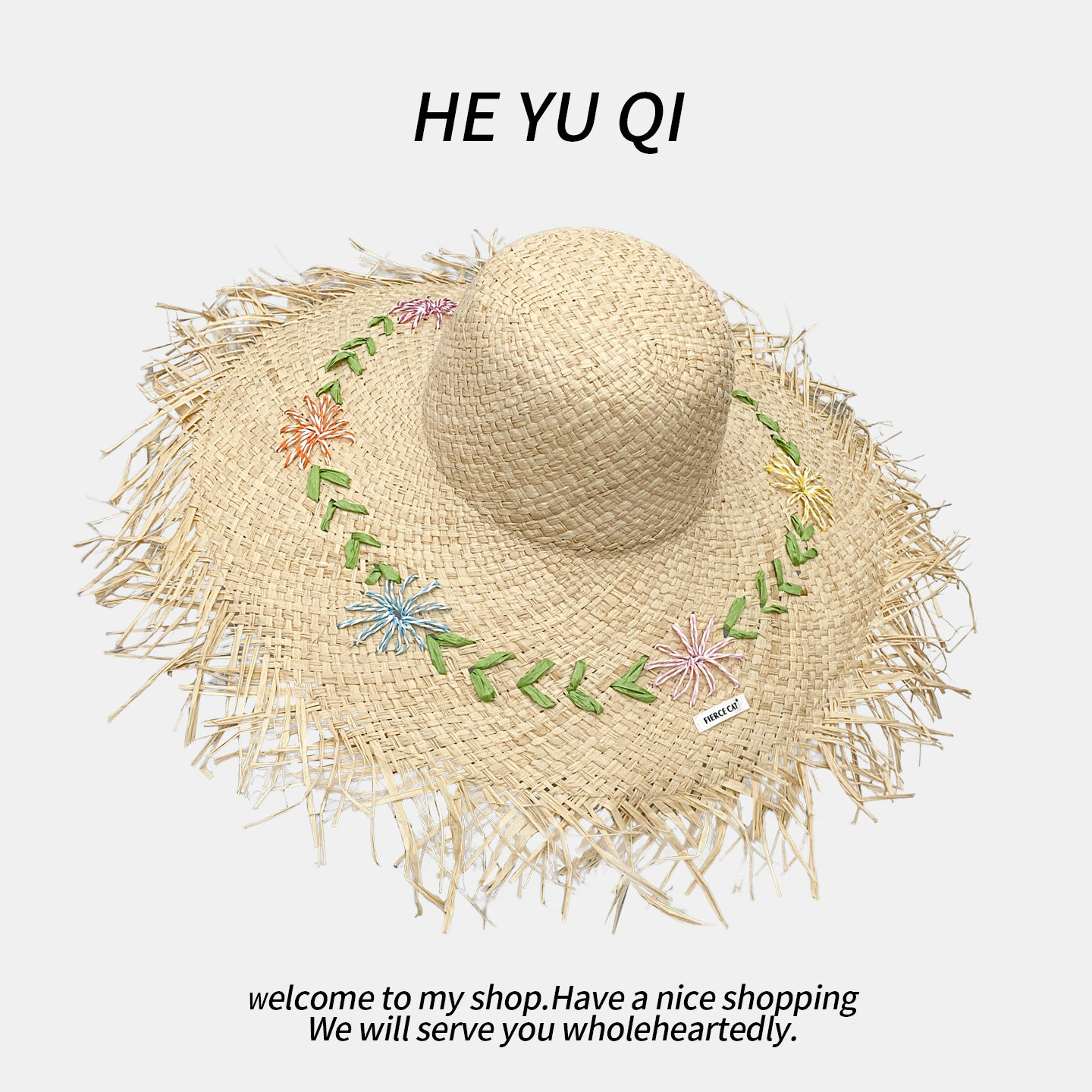 法式手工拉菲草花朵草帽女夏季海边沙滩大帽檐太阳帽子遮阳防晒帽