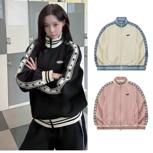 aespa团综同款WAIKEI外套星星串标复古刺绣运动卫衣学院风套装