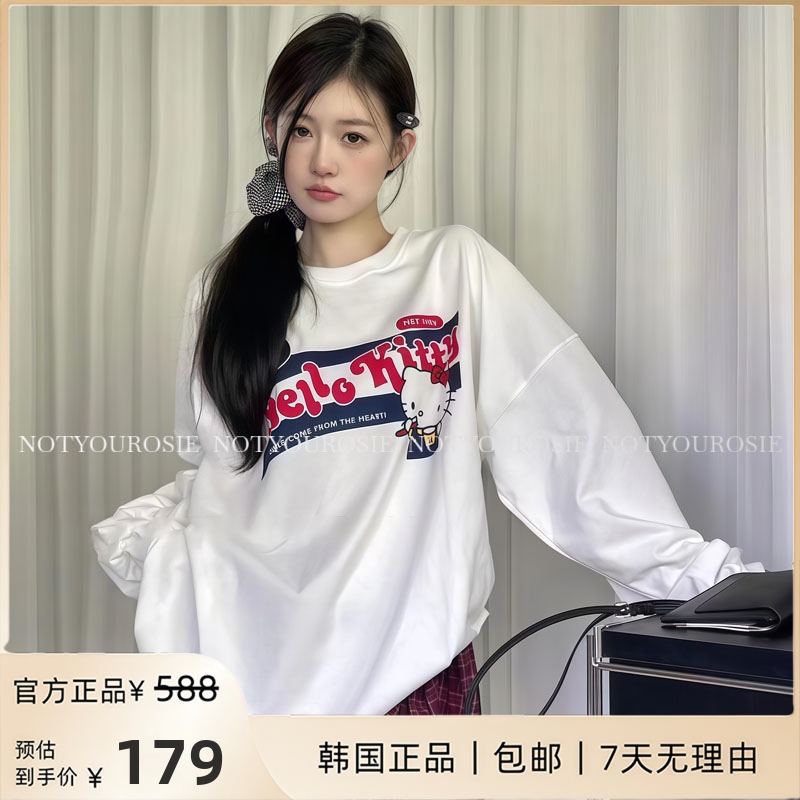 首尔限定~H*Kitty猫印花长袖t恤女美式宽松后背满印防晒罩衫上衣