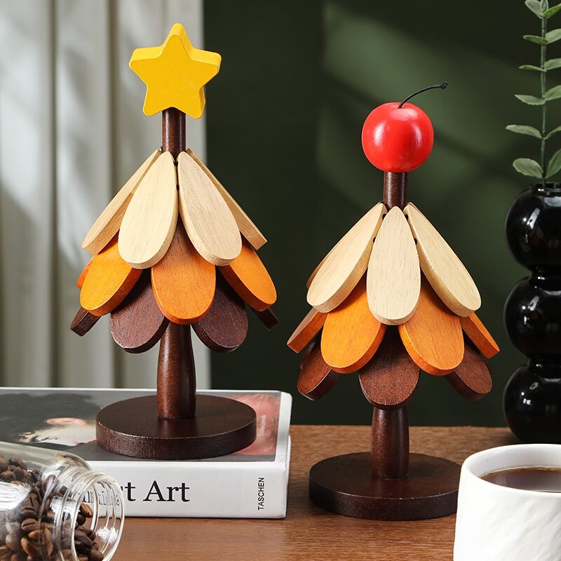 高级感圣诞树隔热垫餐桌摆件创意一棵树实木防烫锅垫折叠杯垫碗垫