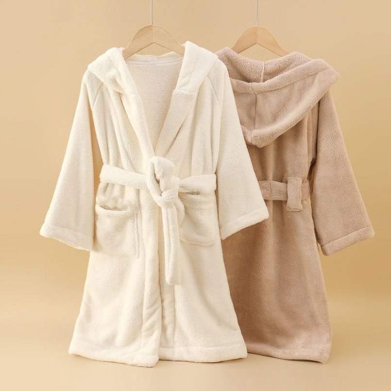 儿童珊瑚绒浴袍秋冬保暖浴衣中大小童睡袍男女童带袖连体吸水浴巾