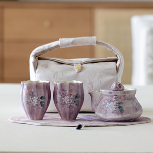手绘茶壶套装女士便携式紫色茶具一壶二杯手抓壶户外旅行随身茶具