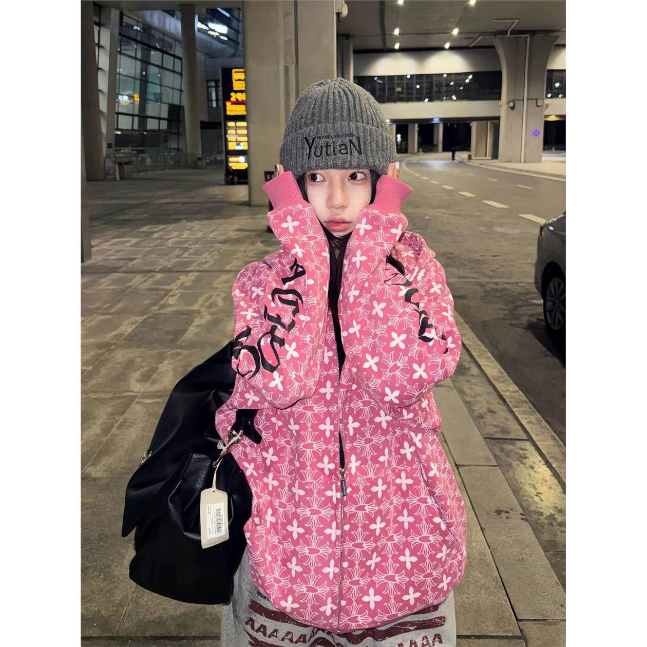 美式高街哥特风十字满印长袖连帽卫衣女春秋季设计感慵懒开衫外套