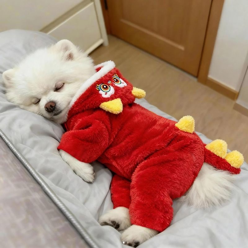 狗狗衣服秋冬款新年喜庆红狮棉衣泰迪比熊猫咪拜年四脚衣加厚宠物