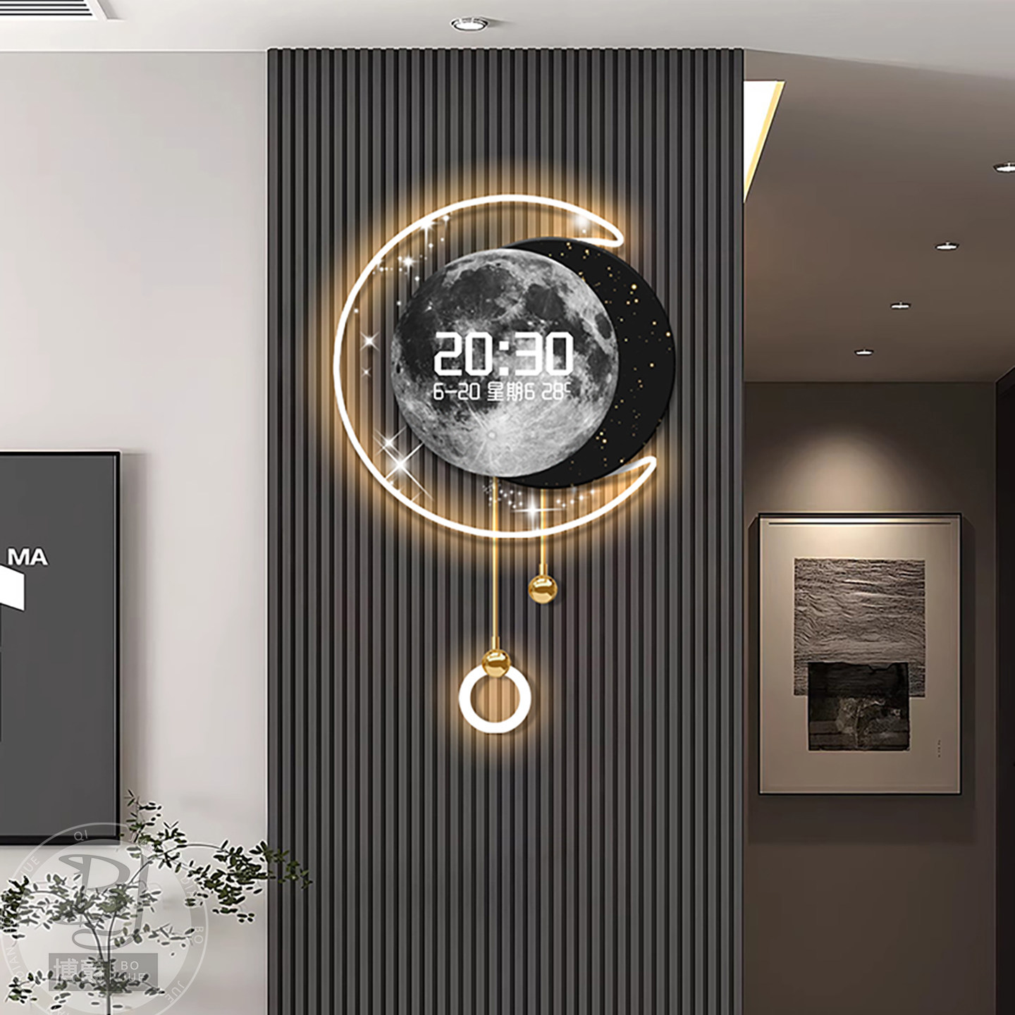 创意月球挂画现代简约高级感电视背景格栅装饰数显万年历钟表发光