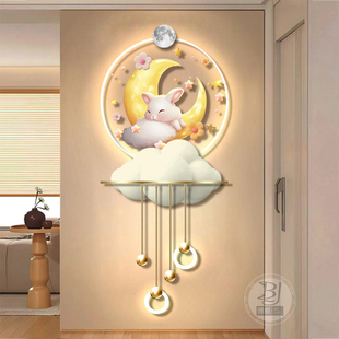 奶油风玄关装饰画兔子灯画月亮氛围感led发光画入户走廊过道画