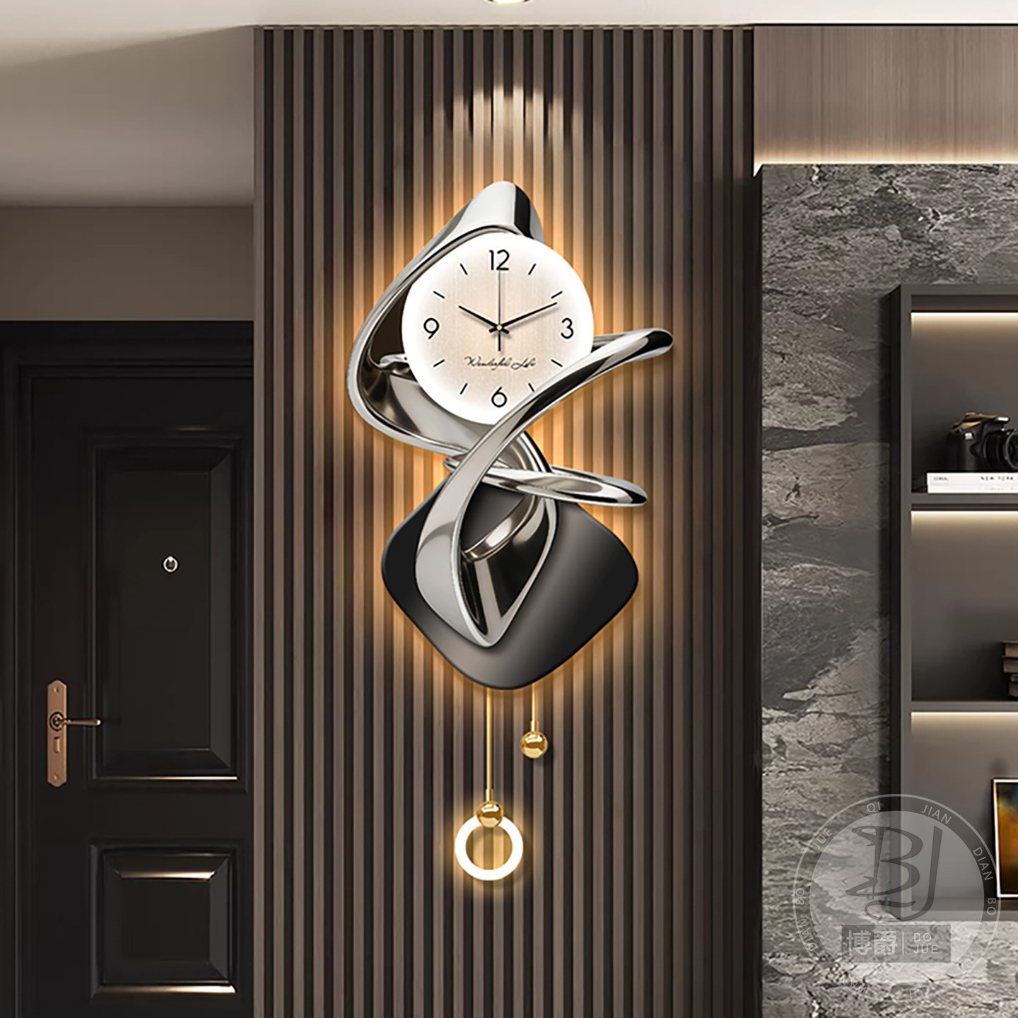 现代简约客厅装饰画电视背景墙格栅挂钟高档抽象壁灯挂件氛围灯画