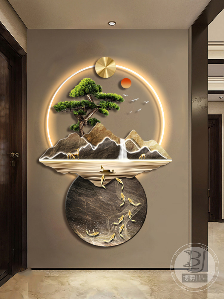 带灯玄关装饰画流水生财高端入户正对门走廊尽头过道挂画山水画