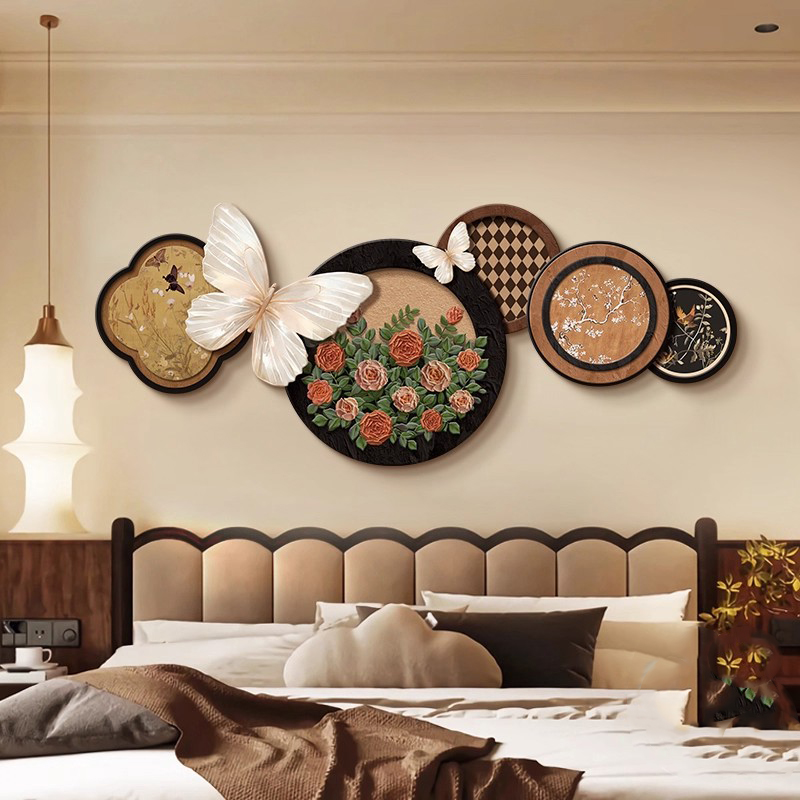 中古风玫瑰卧室装饰画法式复古蝴蝶客厅挂画高级沙发背景墙壁灯画图片