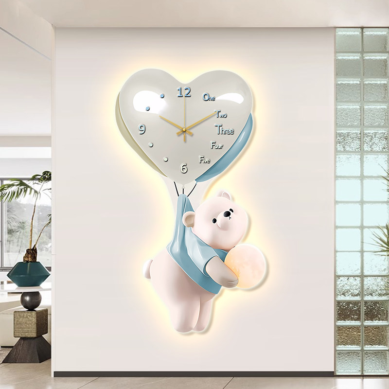 带钟表时钟壁画儿童房卧室装饰画爱心气球小熊挂画LED灯简约挂钟