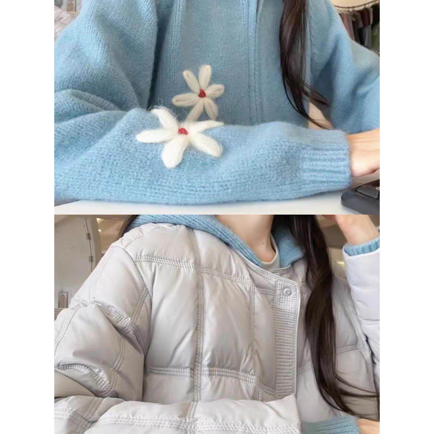 蓝色连帽针织开衫外套毛衣女款2026新款秋季韩系甜柔慵懒宽松上衣
