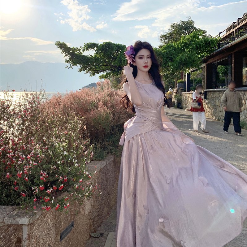 实拍~人鱼湾度假风掐腰紫色背心半身裙套装女小众穿搭