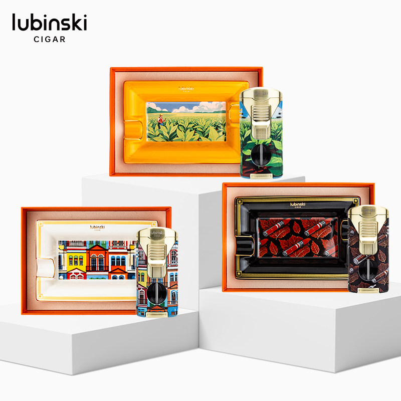 LUBINSKI雪茄工具套装陶瓷时尚烟灰缸多功能双火打火机带V剪通针