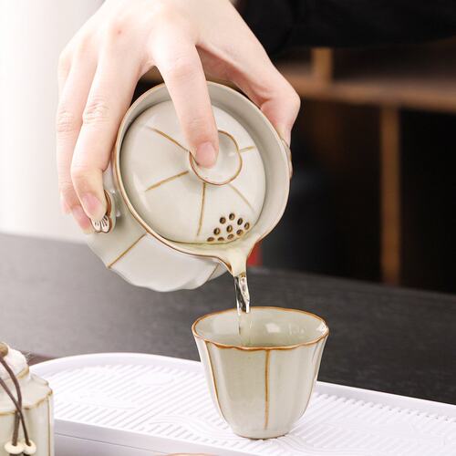 汝窑旅行茶具套装户外便携式快客杯一壶三杯简约泡茶壶茶杯印logo