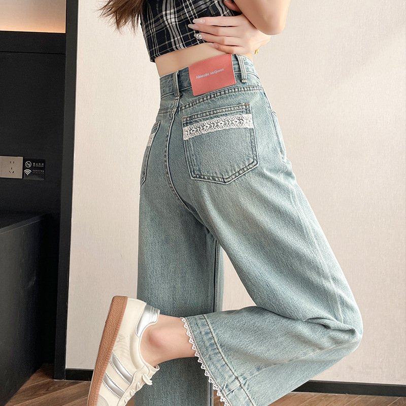 怀旧蓝蕾丝阔腿牛仔裤女2025年春秋季新款小个子宽松直筒休闲裤子,女装/女士精品,牛仔裤,淘宝优惠券,粉丝福利购,淘宝优惠卷